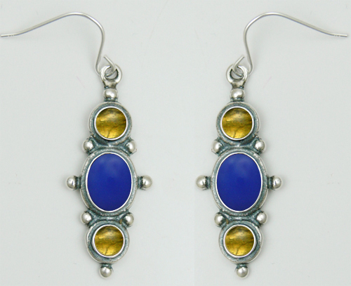 Sterling Silver Drop Dangle Earrings With Blue Onyx And Citrine